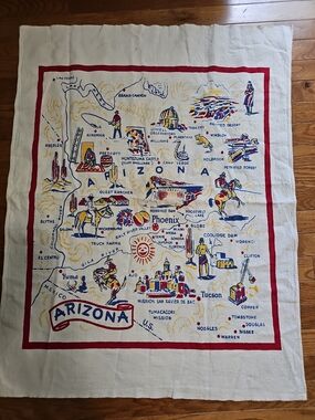 Vintage Pre-1947 Arizona Souvenir Map Tablecloth Tea Towel MCM Graphics Boulder